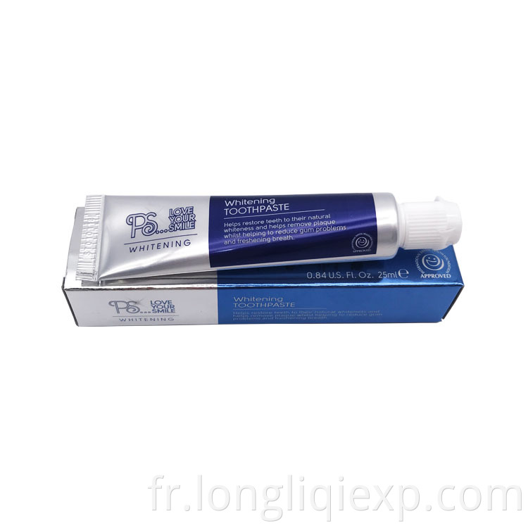 Mini dentifrice blanchissant de marque privée pour voyage ou hôtel dentifrice 25 ml